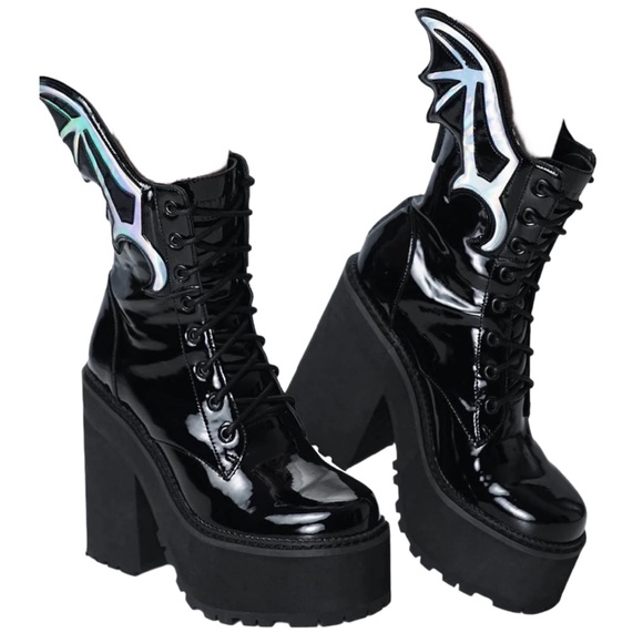 killstar holographic wing lace up platform boots - Picture 2 of 5